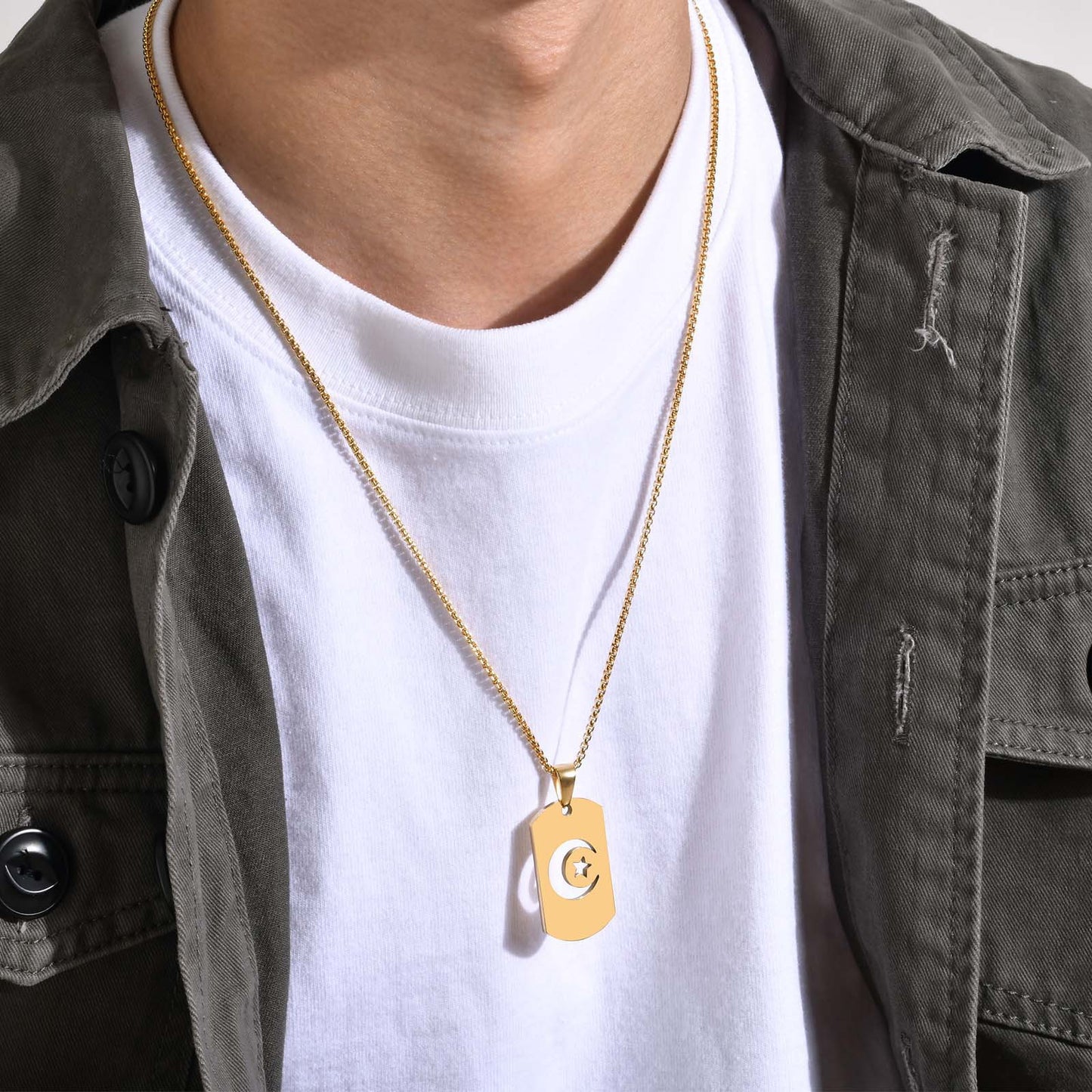 Men's Tag Stainless Steel Hollow Star Moon Pendant Necklace