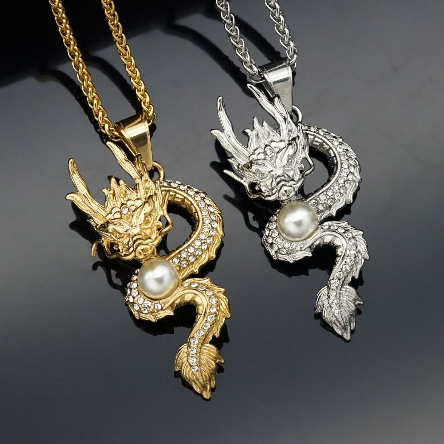 Planderful Dragon Necklace Gold Plated Stainless Steel With Zircon Flying Dragon Pendant Unisex Statement Jewelry