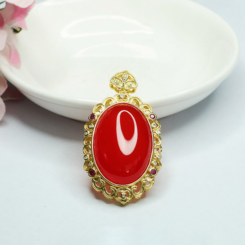 Ice Blood Oval Red Agate Pendant