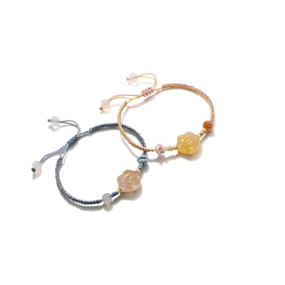 Natural Cherry Blossom Agate Handmade Couple's Bracelet with Sterling Silver Needle