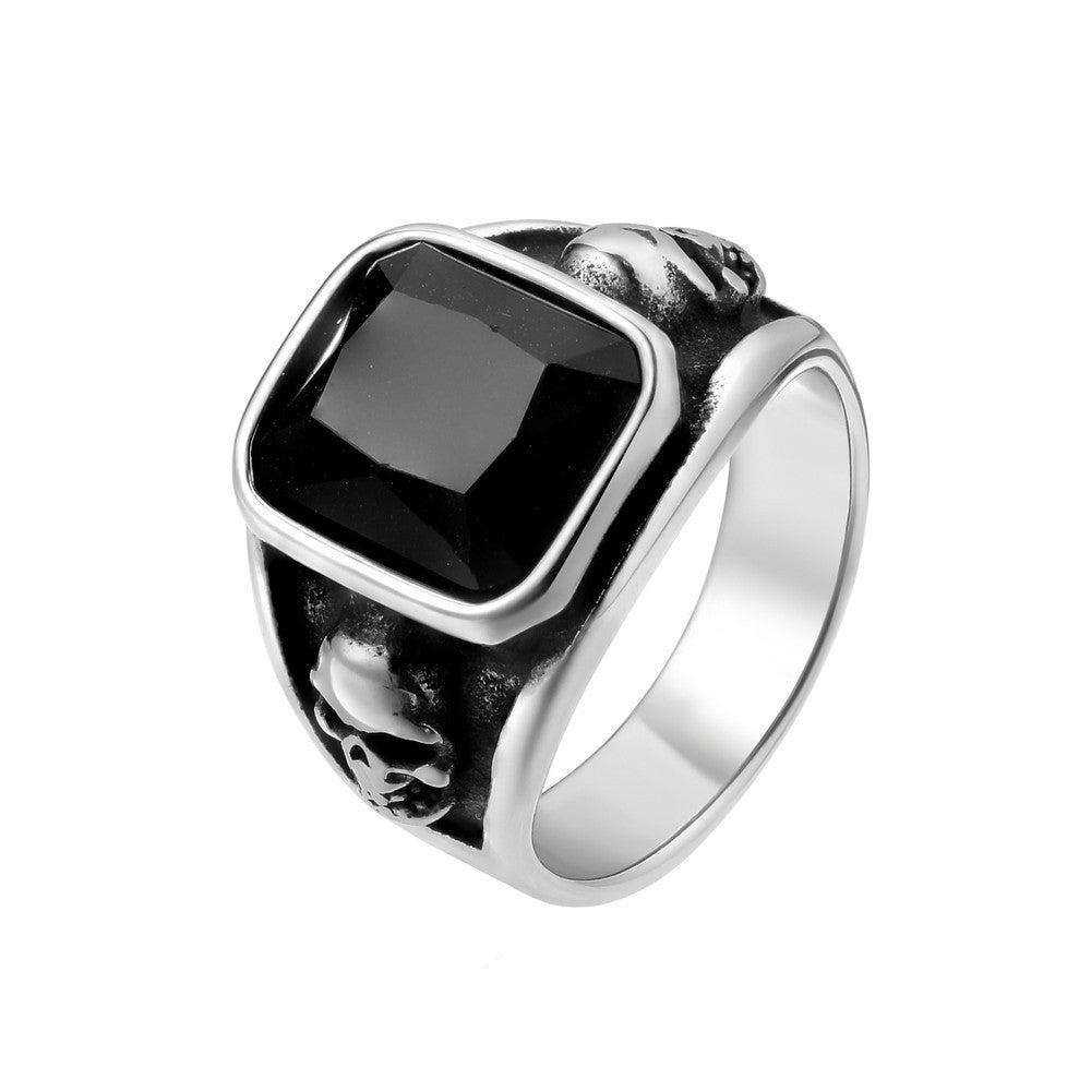 Black Gemstone Skull Titanium Steel Ring