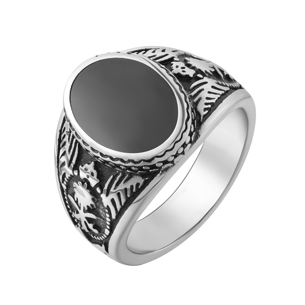 Planderful Everyday Genie – European and American Retro Men's Gemstone Titanium Steel Ring