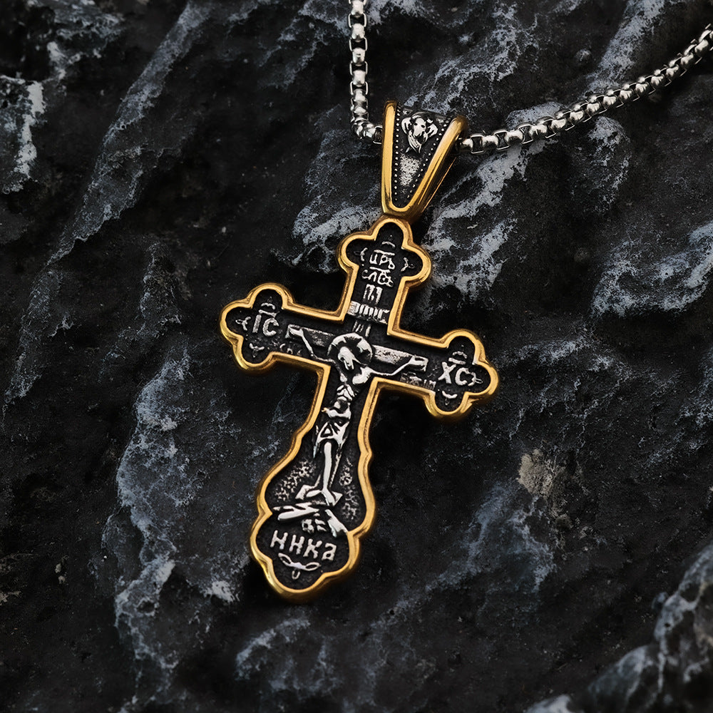 European And American Retro Titanium Steel Men's Jewelry Personalized Double-Sided Cross Letter Necklace