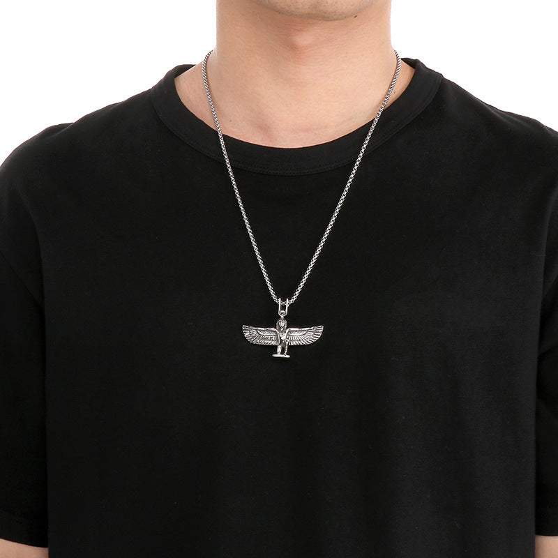 Planderful Retro Mens Titanium Steel Necklace Wings Pendant