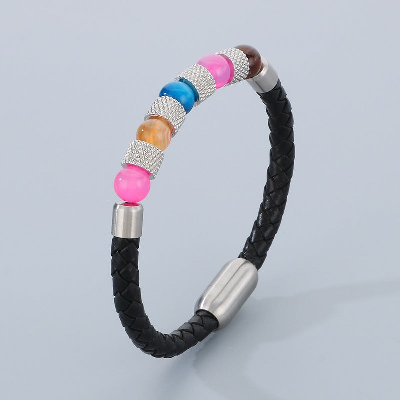 Bohemian Quartz Stone Beaded Leather Rope Bracelet – Magnetic Buckle Bracelet – Leather