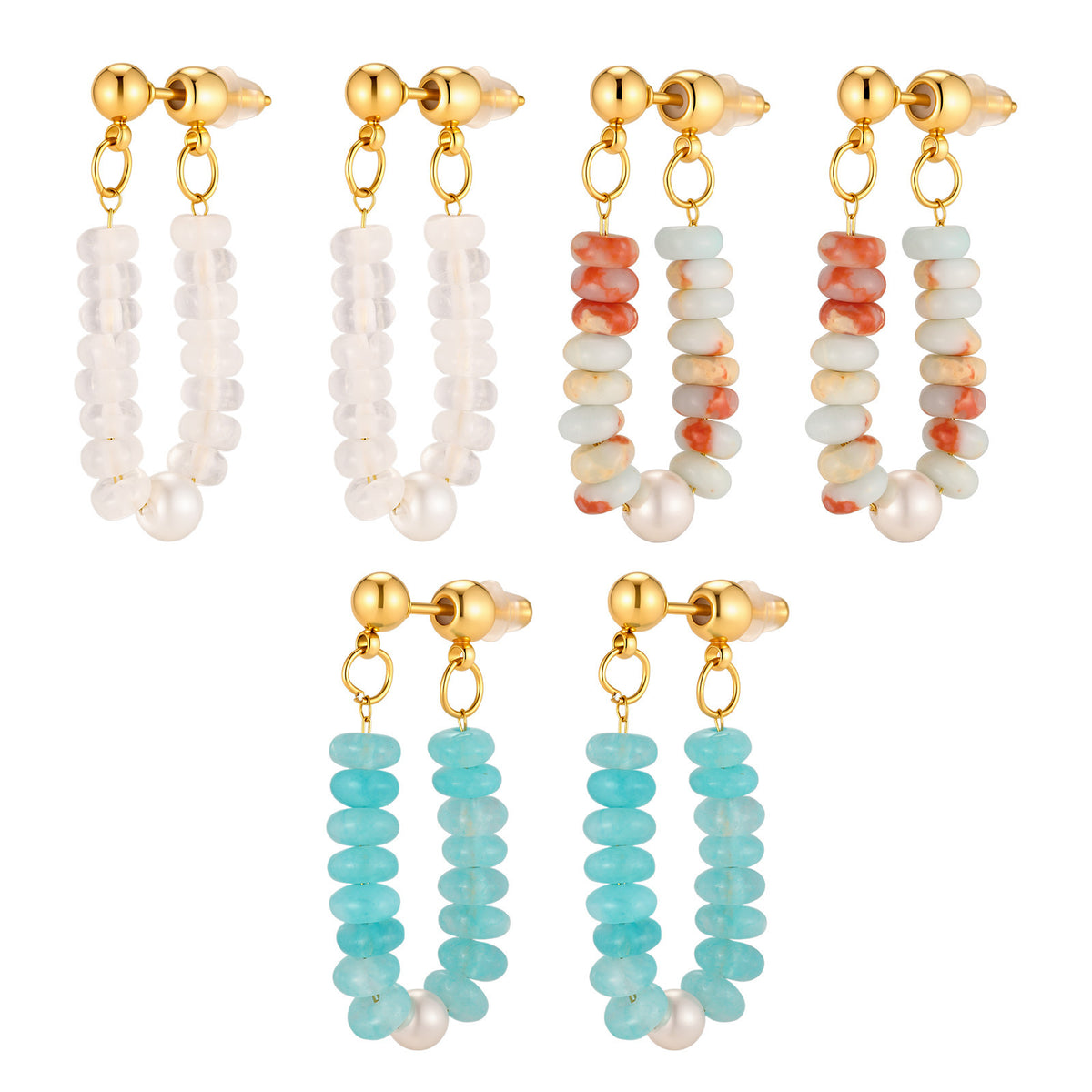Aqua Stone Bead & Pearl Loop Drop Earrings