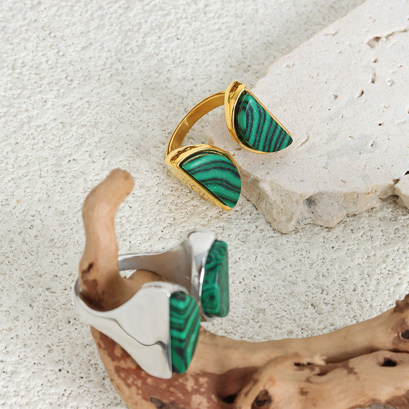 Peacock Turquoise Double Semicircle Titanium Steel Ring - Light Luxury Women's Jewelry