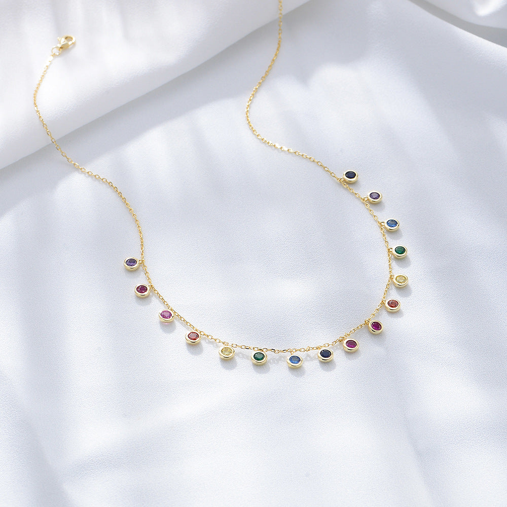 S925 Sterling Silver Colored Round Zircon Necklace Colorful Gemstone Pendant Rainbow Necklace
