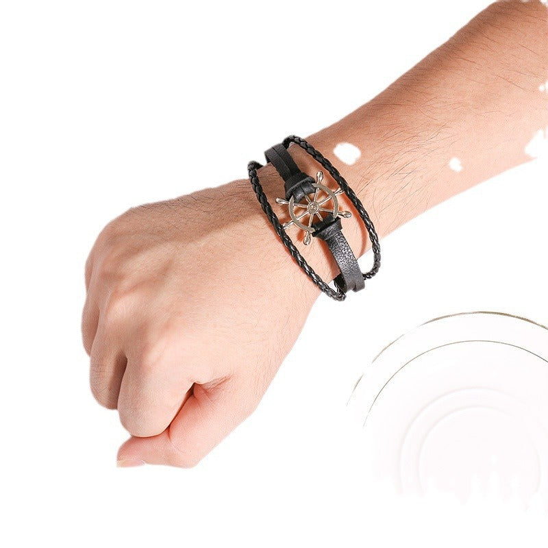 Ship Wheel Vintage Black Stainless Steel Bracelet for Men