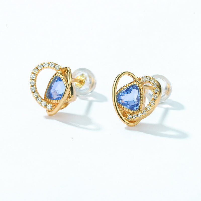 Triangle Blue Crystal Geometric Heart Shape Sterling Silver Stud Earrings