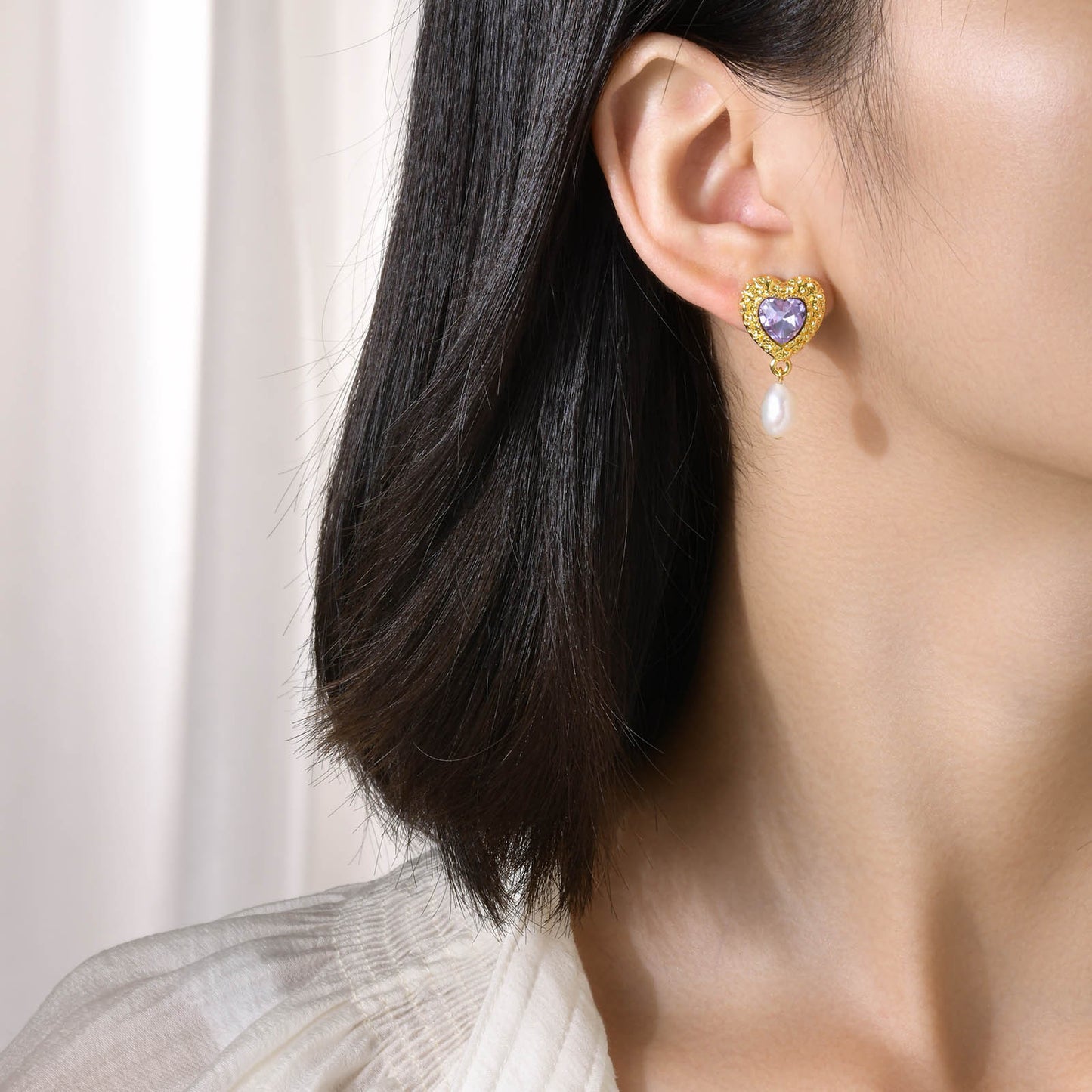 Earrings Heart-Shaped Green Zircon Love Purple Zircon Style