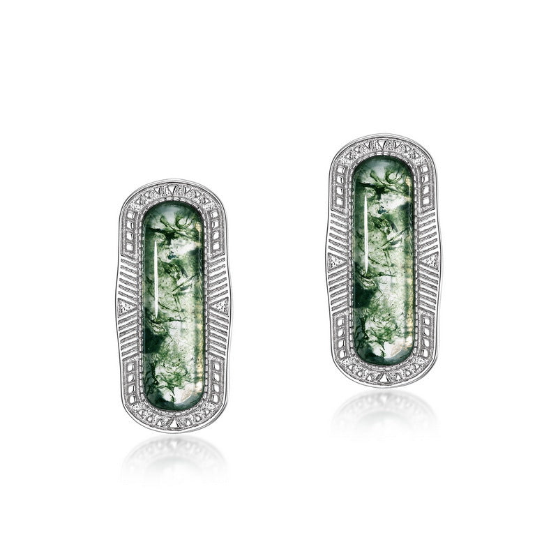 S925 Sterling Silver Moss Agate Vintage-Inspired Stud Earrings