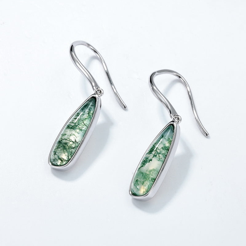 S925 Sterling Silver Moss Agate Minimalist Drop Earrings