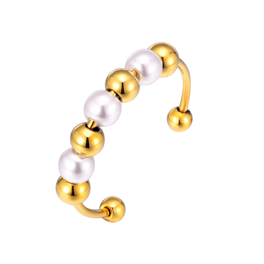 Stainless Steel Imitation Pearl Beaded Open Ring Women's Fashion Accessories Gold