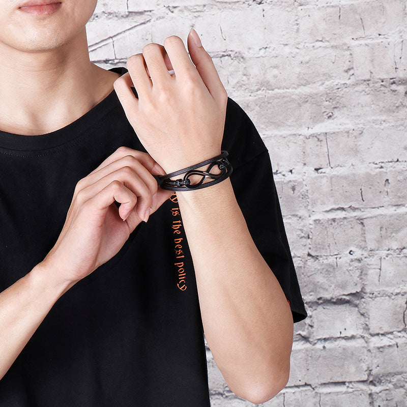 Infinity Shape Titanium Steel Leather Bracelet For Men