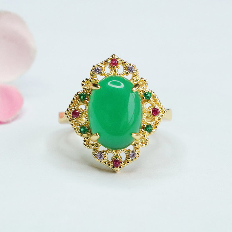 Green Chalcedony Gemstone Ring with Red Agate and Zircon in Palace Style