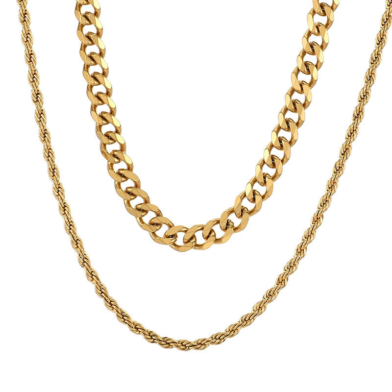 Hipster Stainless Steel Plain Chain Hip Hop Simple Multilayer Stacked Strap Cuban Chain Necklace