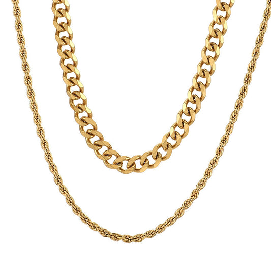 Hipster Stainless Steel Plain Chain Hip Hop Simple Multilayer Stacked Strap Cuban Chain Necklace