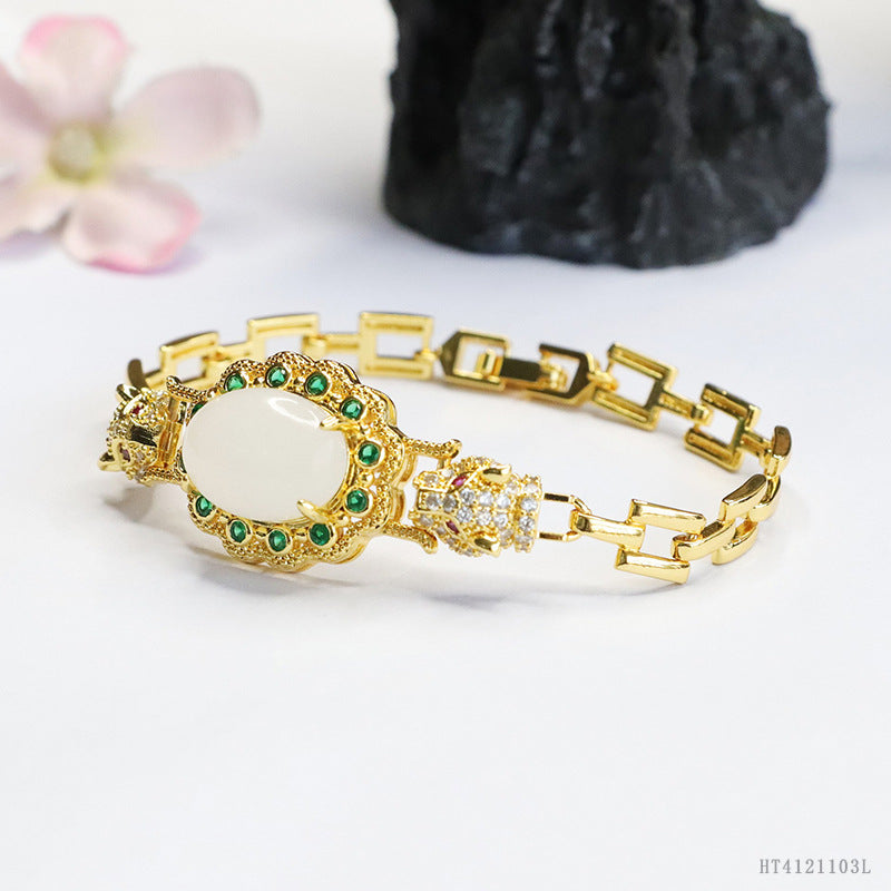 White Hetian Jade Leopard Motif Bracelet