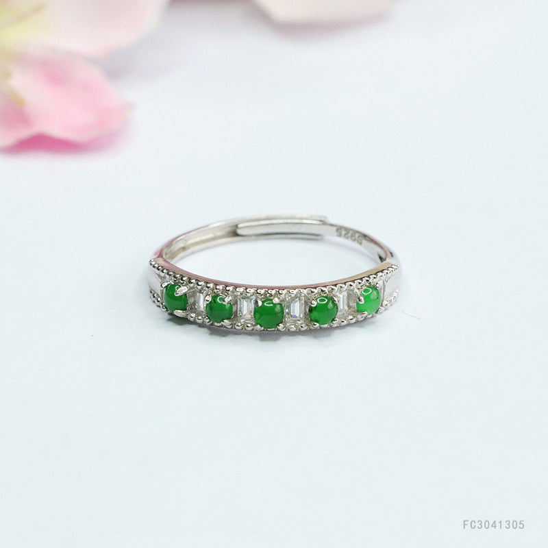 Icy Green Jadeite Row-Set 925 Silver Ring