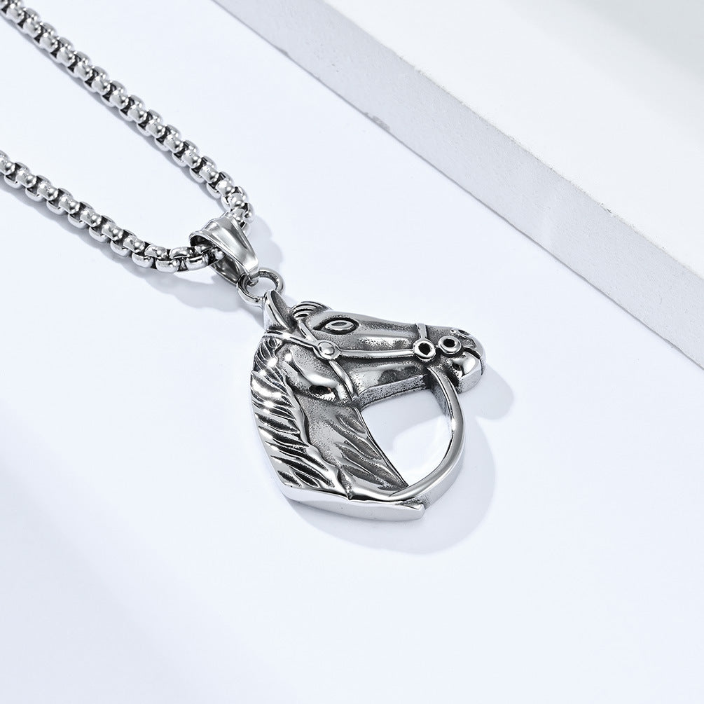 Planderful Mens Horse Head Necklace Personalized Retro Titanium Steel Pendant For Horse Racing Fans