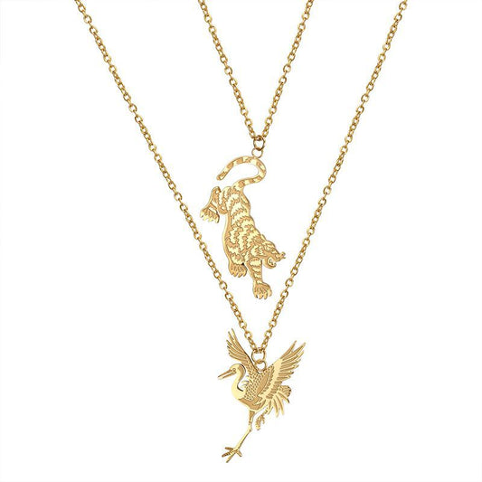 Steel Necklace - Elegant Ins Style Tiger Crane Collarbone Chain Pendant For Women