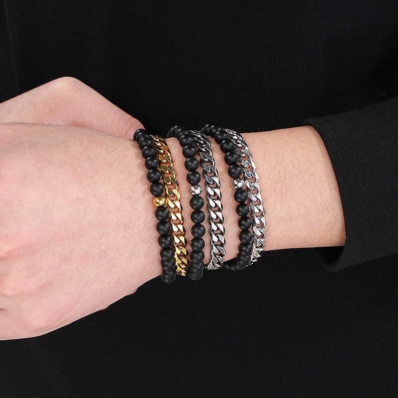 Planderful Mens Beaded Bracelet Black Agate Double Layer