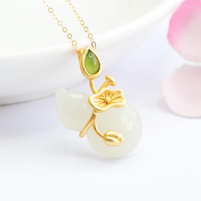Sterling Silver Necklace with Natural Hotan White Jade Gourd and Lotus Design