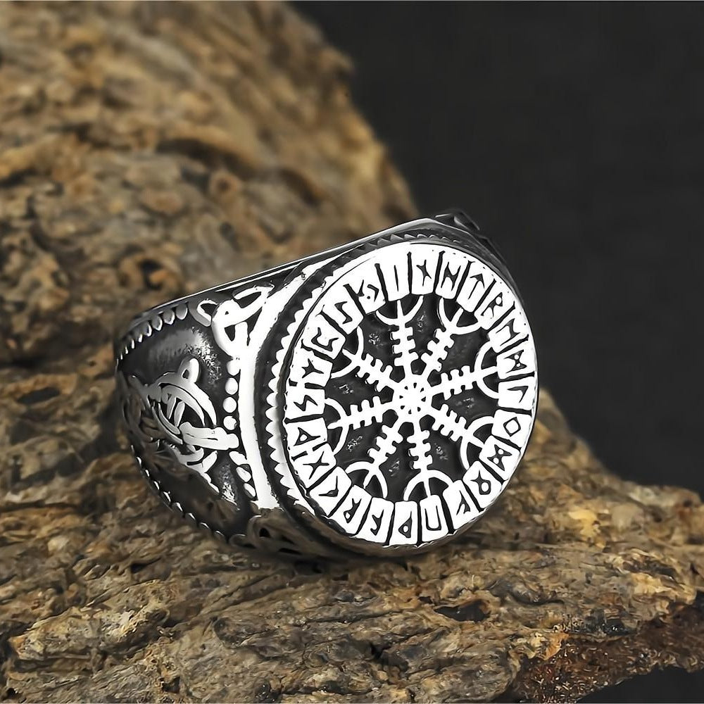 European And American Jewelry Wholesale Men's Titanium Steel Ring Viking Snowflake Compass Rune Stainless Steel Ring