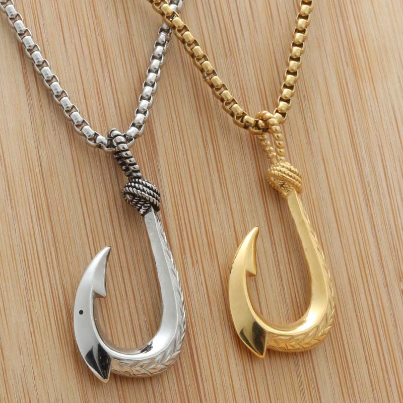 Personalized Titanium Steel Fish Hook Pendant Necklace for Men - Retro Punk Style Marine Design