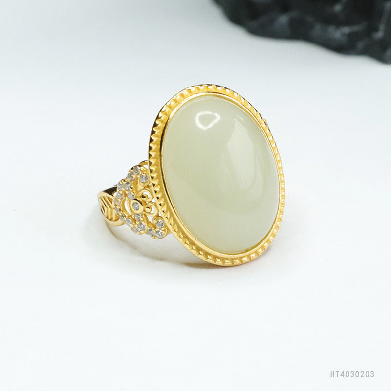 925 Sterling Silver Qingshui Hetian Jade Ruyi Ring