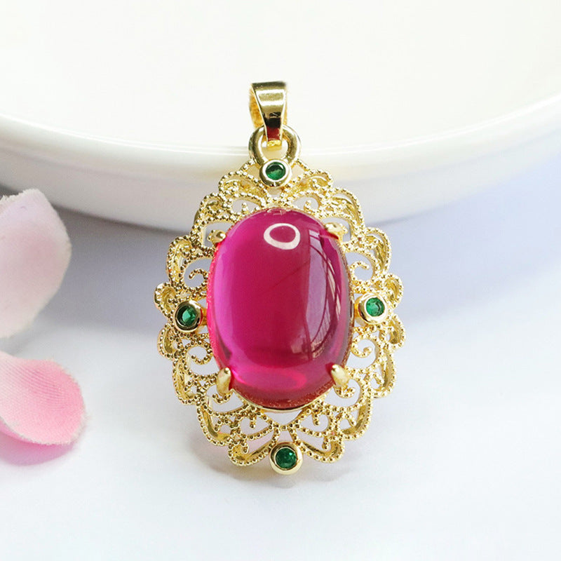 Lab-Grown Ruby Patterned Oval Pendant — No Chain