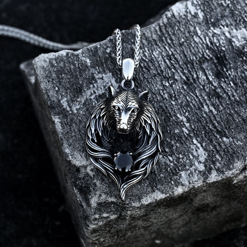 Viking-Inspired Titanium Steel Wolf Head Pendant with Stone Accents for Men