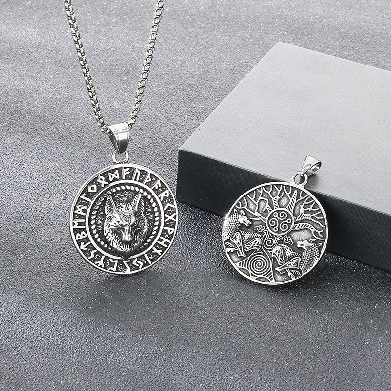 Viking Mythology World Tree Double Wolf Disc Pendant, Nordic Luhn Rune Crow Deer Necklace