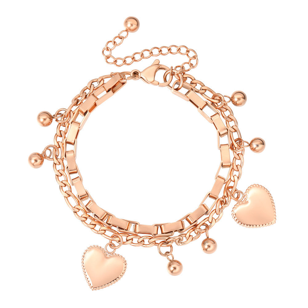 Planderful Double Layer Peach Heart Bead Bracelet Titanium Steel For Women Statement Jewelry