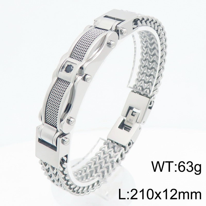 Buckle Front & Back Chain – Hip-Hop Zircon Weiya Line Mesh Curved Bar Stainless Bracelet