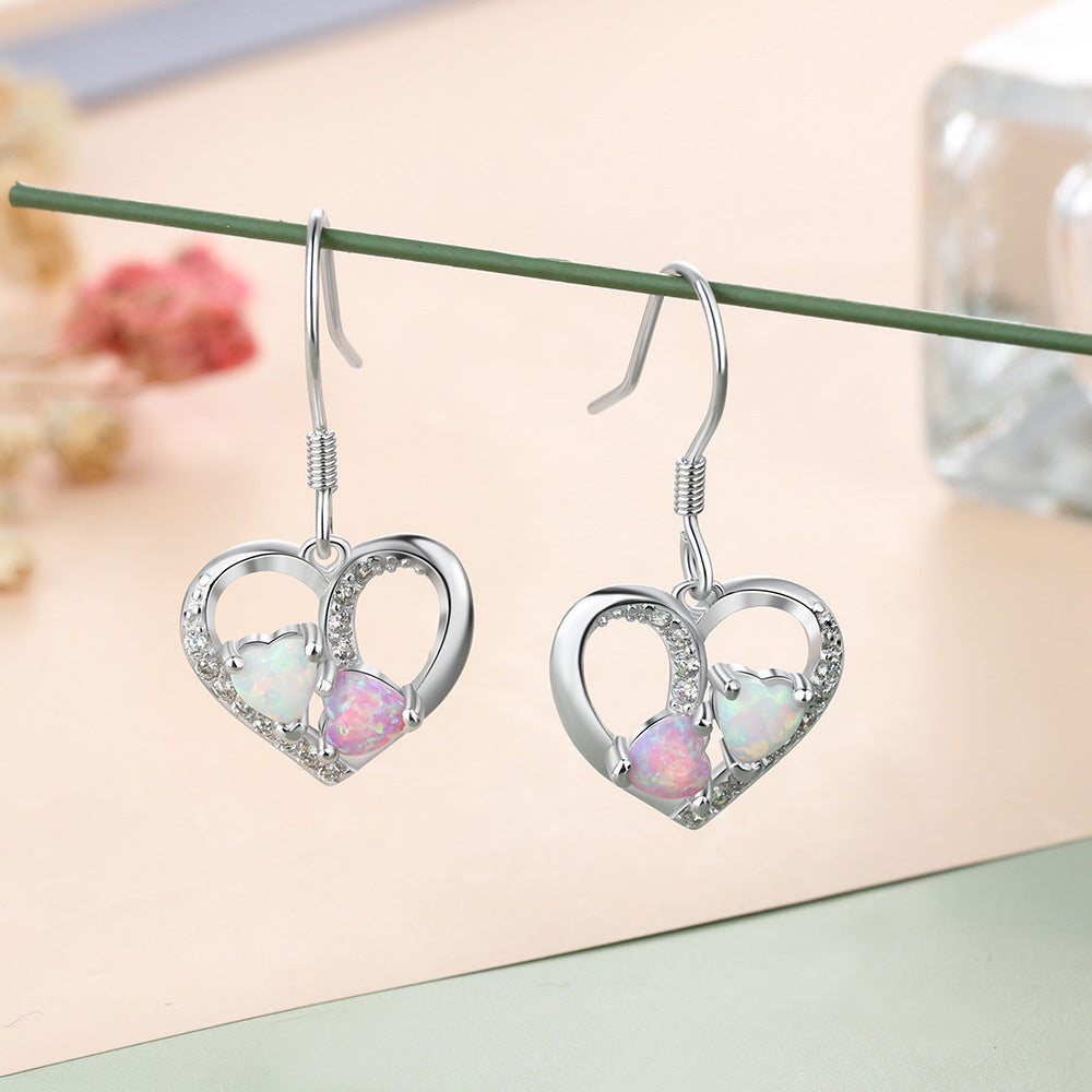 Planderful Jewelry Sterling Silver Opal Heart Earrings With Zircon Drops For Everyday Elegance