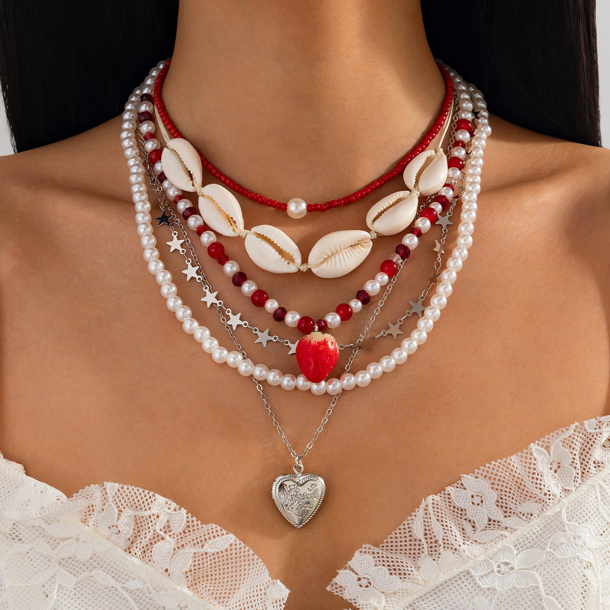 Shell Heart Pearl-Style Beach Necklace Set
