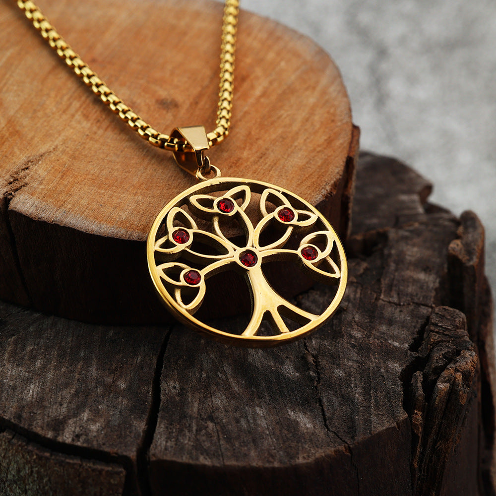 European And American Jewelry Wholesale Titanium Steel Men's Pendant Necklace Inlaid Zircon Tree Of Life