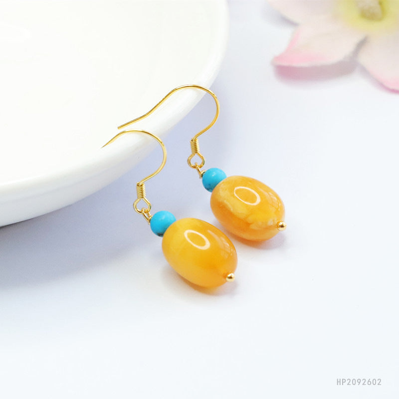 925 Sterling Silver Beeswax Amber Barrel Bead Earrings