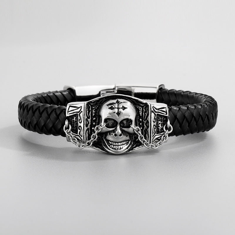 Two-Layer Leather Woven Bracelet – Casting Lion Head Snake Head Ghost Head Titanium