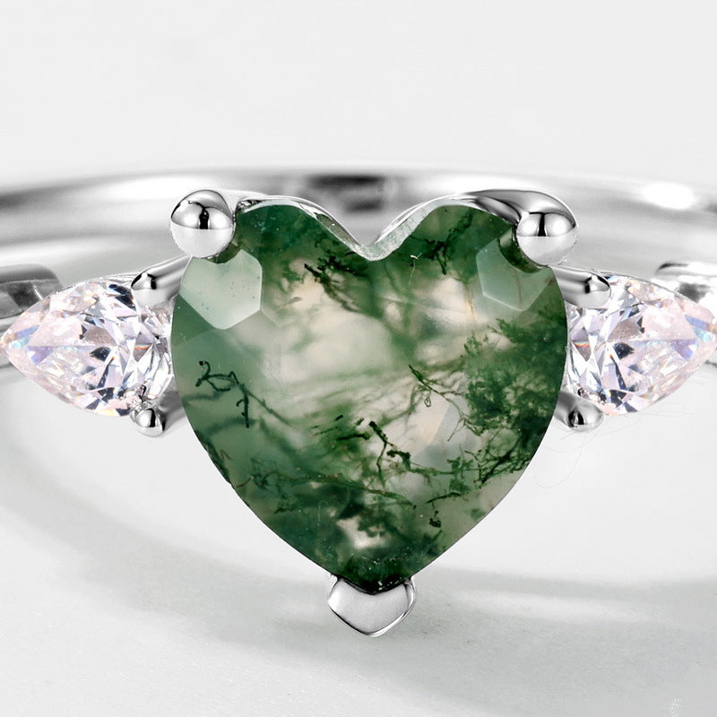 Planderful Jewelry Green Moss Agate Heart Ring in Sterling Silver S925 for Everyday Elegance