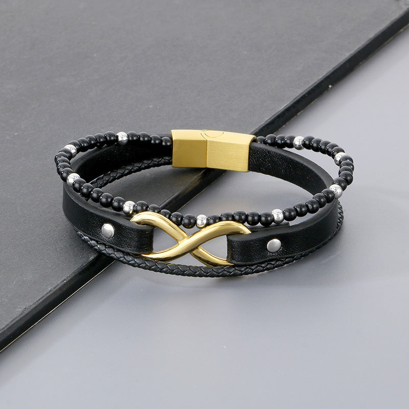 Planderful Beaded Leather Bracelet Stainless For Men Magnet