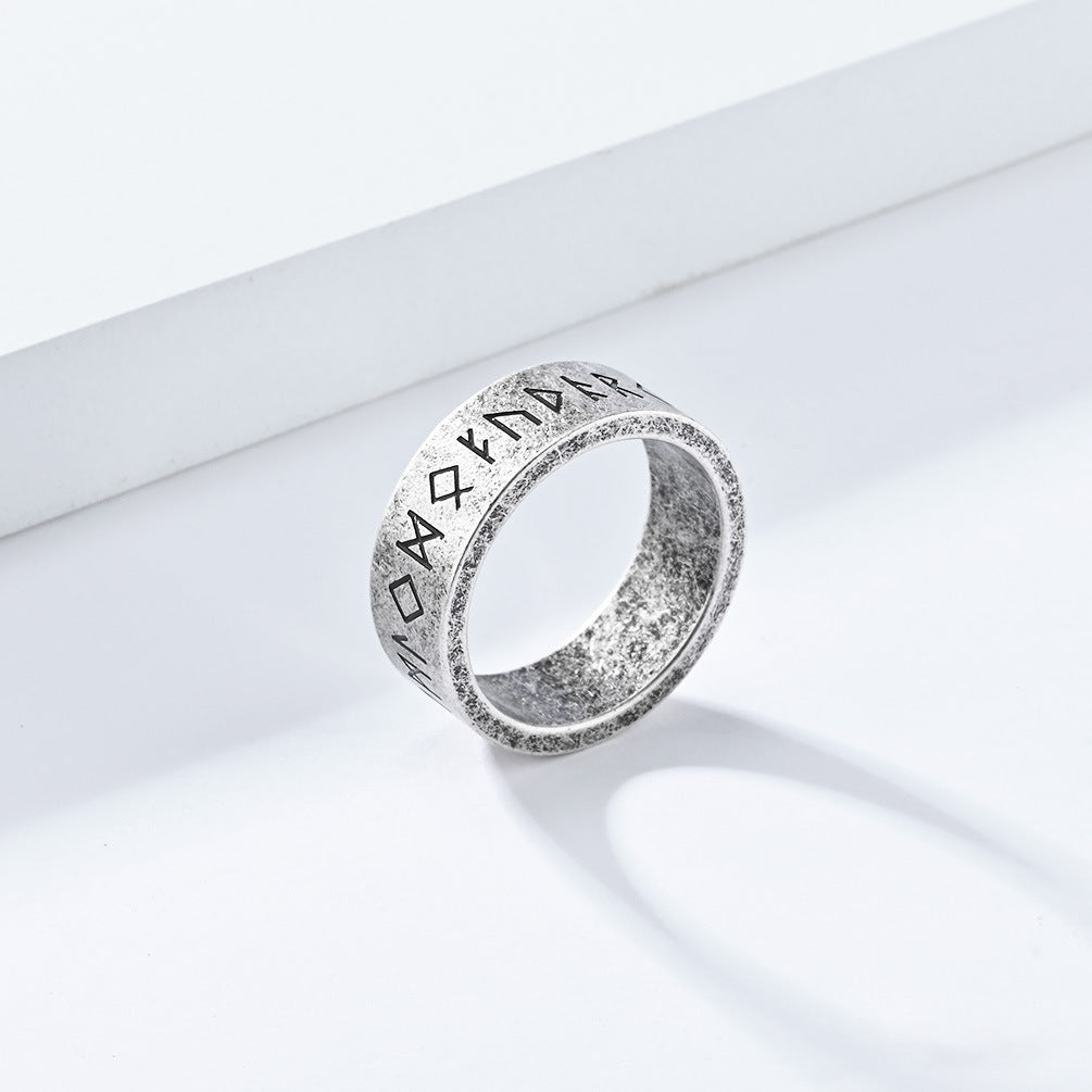 Planderful Nordic Viking Ring Bold for Men Matte Brushed Titanium Steel Jewelry with Pirate Text Design