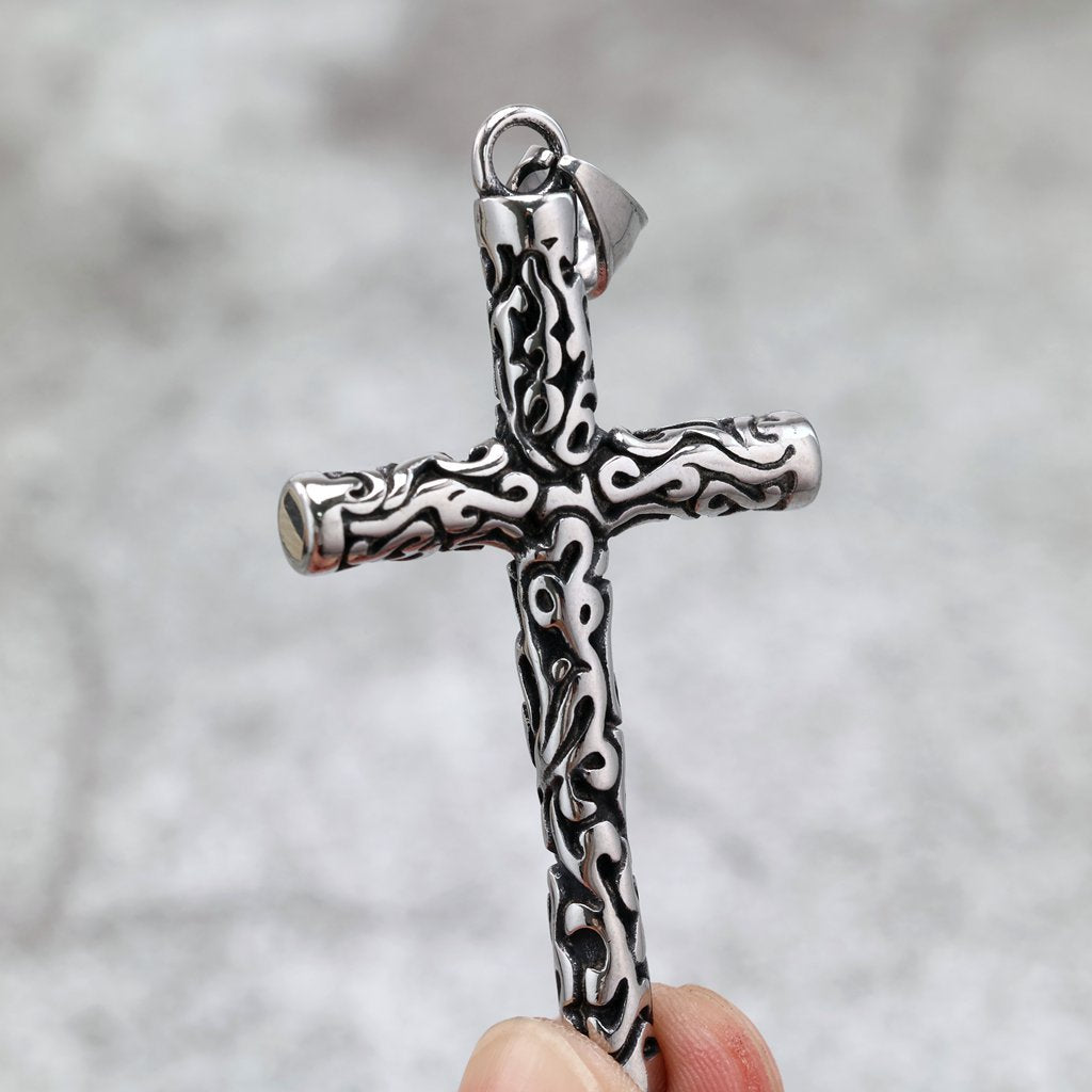 Planderful Retro Cross Pendant Unisex Double Sided Engraved Stainless Steel Necklace