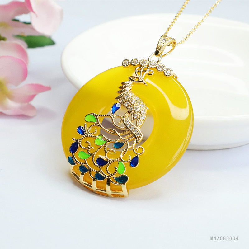 Yellow Chalcedony Cloisonné Phoenix Peace Buckle Pendant — No Chain