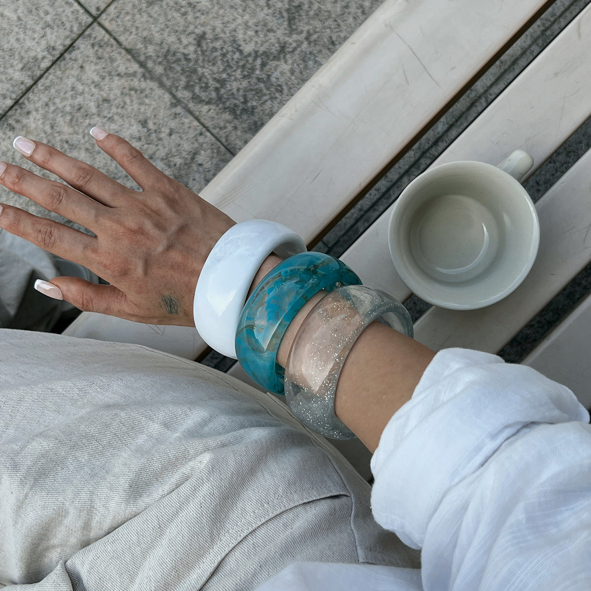 Planderful Vienna Verve Translucent Acrylic Wide Bracelet For Women With Irregular Round Statement Design