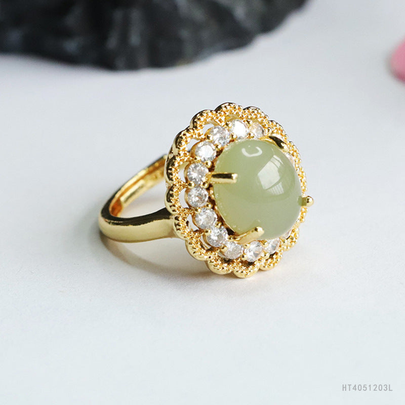 Qingshui Hetian Jade Floral Openwork Ring
