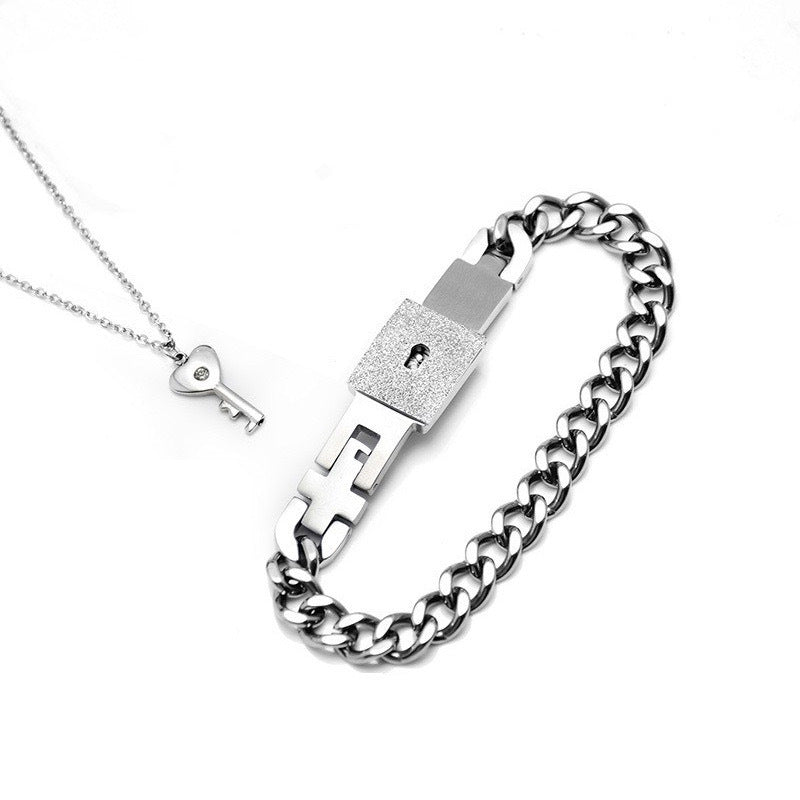 Planderful Stainless Steel Couple Jewelry Set Concentric Lock Bracelet And Necklace For Him And Her