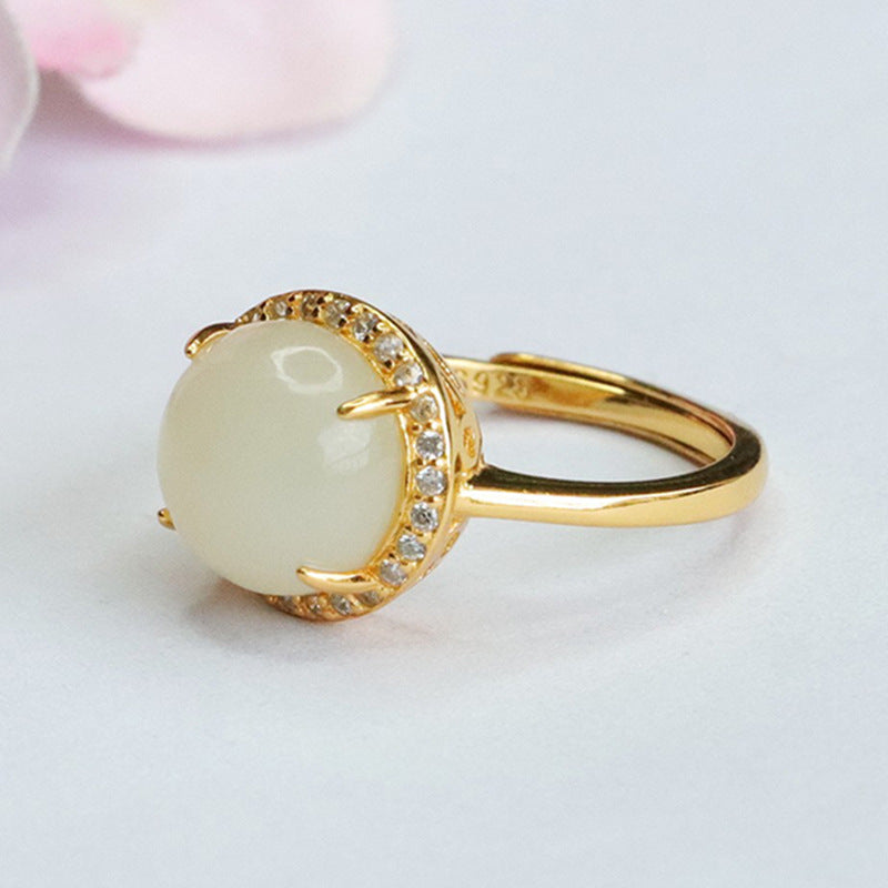 925 Sterling Silver Hetian Jade Round Cabochon Ring